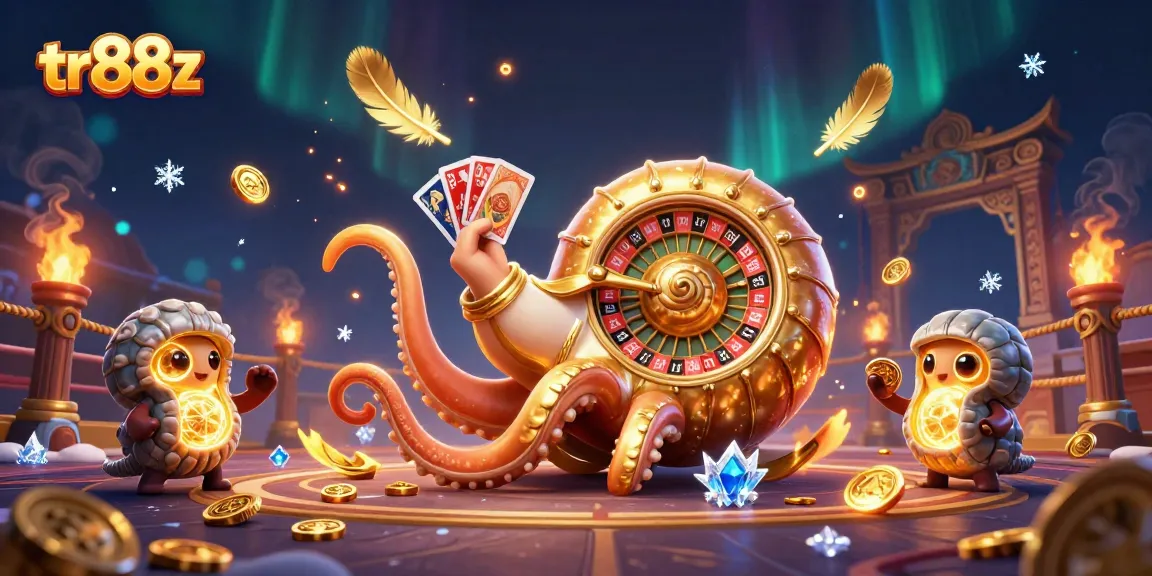 tr88z spins the roulette wheel while a giant nautilus showcases winning hands of cards in a vibrant casino scene.