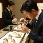 Examining a stylish Rolex replica in a luxury watch boutique with elegant decor and attentive service.