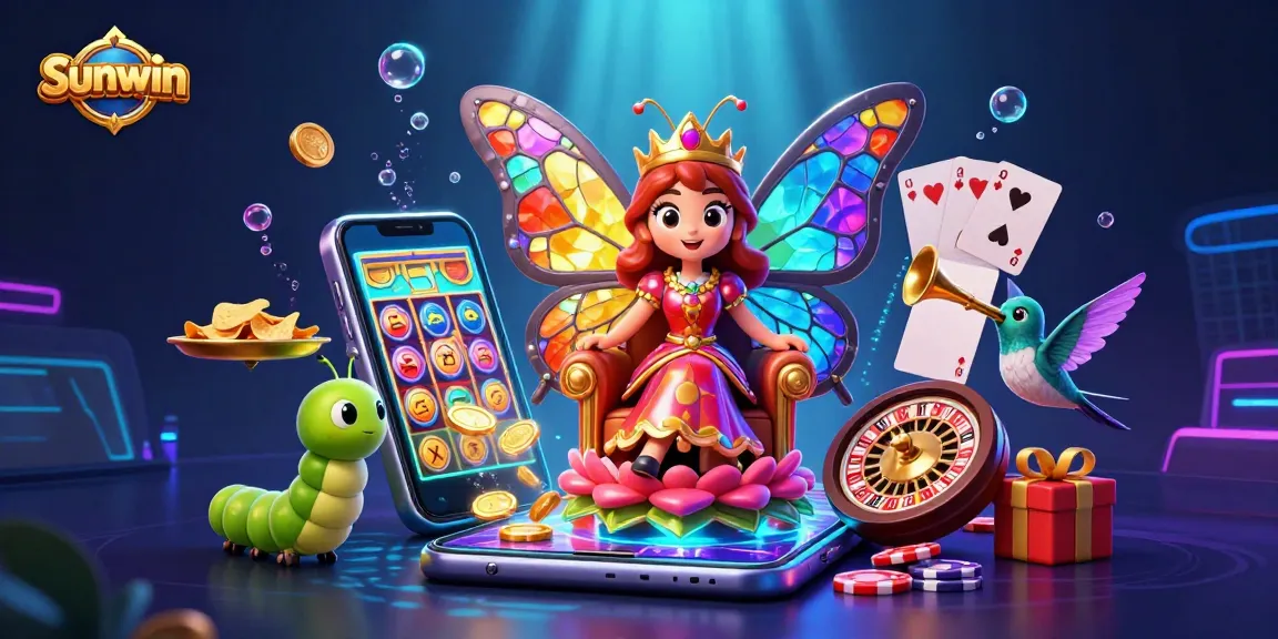 Sunwin online casino's vibrant digital illustration showcasing exciting slots, rewards, and immersive elements.