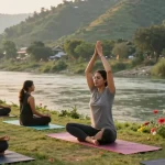 Practicing pranayama courses by the serene Ganges River in Rishikesh during golden hour.