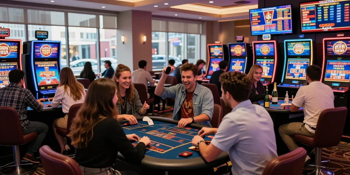 Exciting scene at the best credit card casinos in 2026, featuring players at vibrant gaming tables, showcasing an engaging casino atmosphere.
