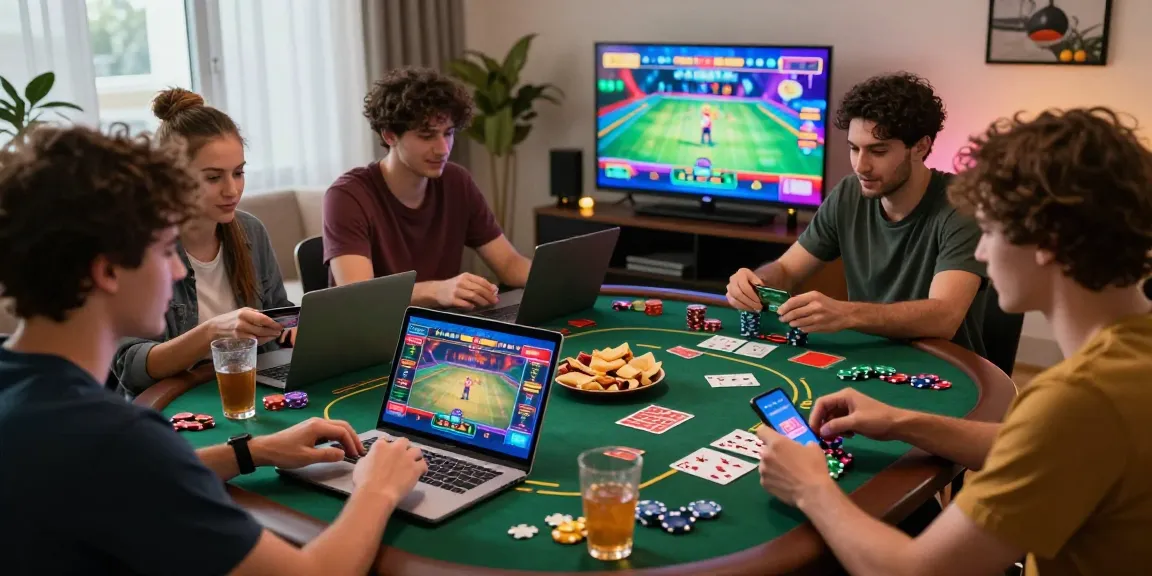 Engaged players enjoying credit card casino games in a lively home setting with vibrant gaming atmosphere.