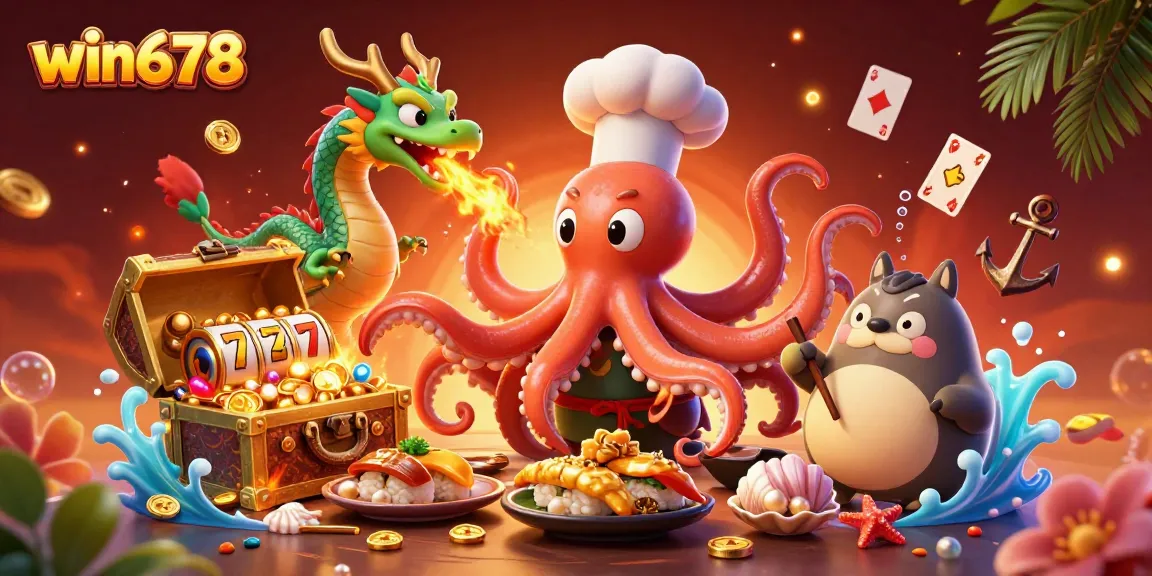 Win678 captivating casino illustration showcasing a vibrant scene with slot reels, golden dishes, and underwater treasures.