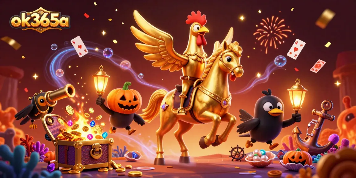 Experience the thrill of gaming at ok365a with a 3D scene showcasing a golden rooster in a spectral casino.
