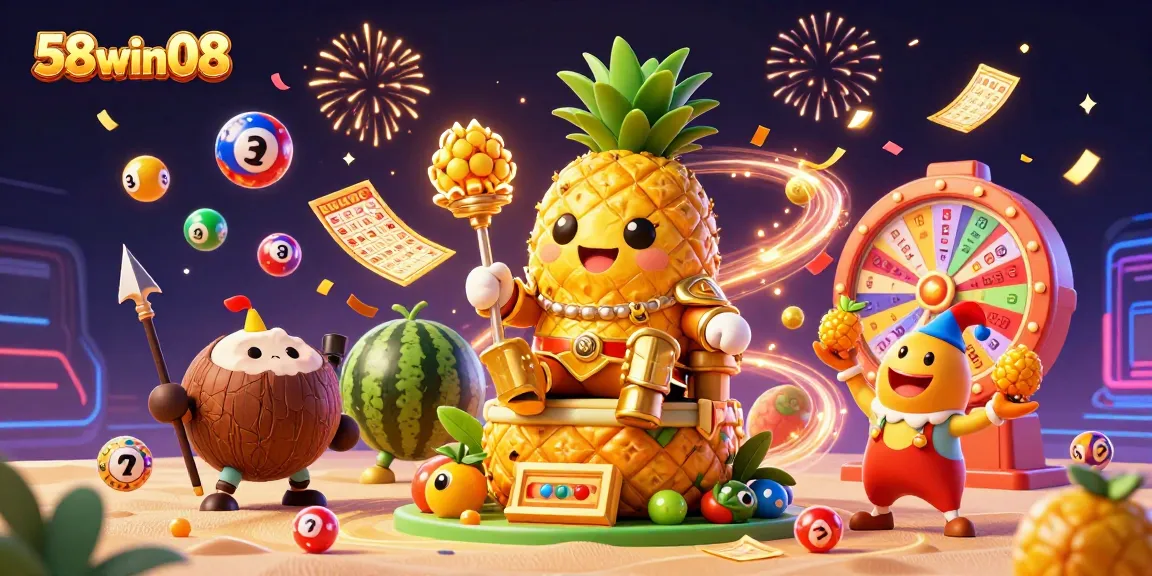 Experience the excitement of 58win08 with a vibrant casino scene featuring a golden pineapple king and joyous game elements.